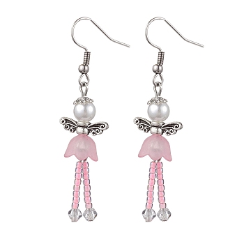 304 Stainless Steel Fairy Dangle Earrings, Glass Seed & Acrylic Pearl Long Drop Earrings, Pink, 55.5x14mm