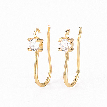 Brass Micro Pave Clear Cubic Zirconia Earring Hooks, with Horizontal Loop, Real 18K Gold Plated, 17x3.5mm, Hole: 1.2mm, Pin: 0.7mm