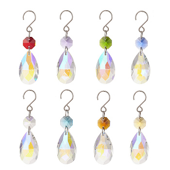 Glass Pendant Decorations, with Stainless Steel S-Hook, Teardrop, Mixed Color, 82mm, 8pcs/set
