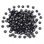 Opaque Acrylic Beads, Flat Round with White Heart & Flower & Moon & Star, Black, 7x4mm, Hole: 1.6mm, 200pcs/set(MACR-YW0001-18C)