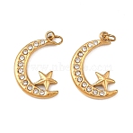 304 Stainless Steel Pendants, Moon with Star, with Rhinestone, Ion Plating(IP), with Jump Ring, Real 18K Gold Plated, 17.5x12.5x2mm(STAS-H244-03G)
