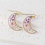 Moon 304 Stainless Steel Dangle Earrings, with Alloy Earring Findings & Resin Dried Flower, Golden, Pink, 26x18mm(WG43EF9-06)