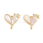 Brass Pave Clear Cubic Zirconia Connector Charms, Heart with Star Links, with Natural Shell, Rack Plating, Long-Lasting Plated, Golden, 10x9x3mm, Hole: 1.1~1.2mm(SH-CBA16A6-02G)
