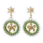 Christmas Wreath Brass Glass Dangle Stud Earrings, with Alloy Bowknot Charms and Cubic Zirconia, Golden, 47~48x29mm(EJEW-MZ00613)