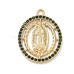 304 Stainless Steel Pendants, with Rhinestone, Oval with Holy Virgin Charms, Golden, 28.5x22x2mm, Hole: 2mm(STAS-K291-21)
