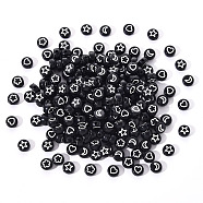 Opaque Acrylic Beads, Flat Round with White Heart & Flower & Moon & Star, Black, 7x4mm, Hole: 1.6mm, 200pcs/set(MACR-YW0001-18C)