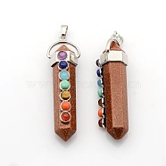 Yoga Chakra Jewelry Platinum Plated Brass Gemstone Double Terminated Pointed Big Pendants, Synthetic Goldstone, 58x17x16mm, Hole: 7x6mm(G-P053-19B)