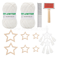 Olycraft Star Macrame Tassel Decoration DIY Kits, 2 Skeins Cotton Hollow Yarns, 2Pcs Stainless Steel Pet Combs, 6Pcs Wooden Frame, White, 71~190x33.5~150x2~25.5mm(DIY-OC0012-09C)