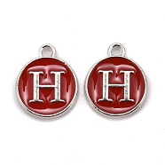Platinum Plated Alloy Enamel Charms, Cadmium Free & Lead Free, Enamelled Sequins, Flat Round with Letter, Red, Letter.H, 14x12x2mm, Hole: 1.5mm(ENAM-S118-03H-P)