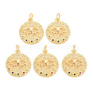 Rack Plating Brass Micro Pave Colorful Cubic Zirconia Pendants, with Jump Rings, Nickel Free, Flat Round with Evil Eyes, Real 18K Gold Plated, 18.5x16x2.5mm, Jump Ring: 5x1mm, 3mm(KK-N233-189A-01)