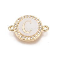 Brass Micro Pave Cubic Zirconia Links, with Shell, Long-Lasting Plated, Lead Free & Cadmium Free & Nickel Free, Real 18K Gold Plated, Flat Round with Letter, Clear, Letter.C, 13.5x18.5x4.5mm, Hole: 1.4mm(ZIRC-L078-006C-NR)
