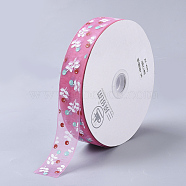 Flower Pattern Printed Polyester Organza Ribbons, Hot Pink, 1 inch(25mm), about 100yards/roll(ORIB-Q034-02)