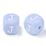 Food Grade Eco-Friendly Silicone Beads, Horizontal Hole, Chewing Beads For Teethers, DIY Nursing Necklaces Making, Letter Style, Cube, Light Sky Blue, Letter.J, 10x10x10mm, Hole: 2mm(SIL-R011-10mm-02J)