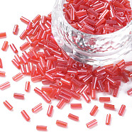 Transparent Colours Luster Glass Bugle Beads, Round Hole, Crimson, 3~8x2mm, Hole: 0.7mm, about 450g/pound(SEED-N005-001-A05)
