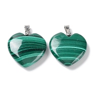 Natural Malachite Pendants, Heart Charms, with Platinum Plated 925 Sterling Snap on Bails, 20.5x20x5.5mm, Hole: 4x3mm(G-M407-04A-P)
