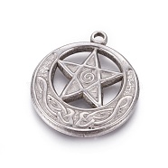 304 Stainless Steel Pendants, Wicca Pendants, Flat Round with Star, Stainless Steel Color, 29x26x2.5mm, Hole: 2.4mm(STAS-L226-048P)