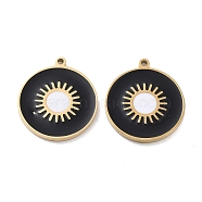 Ion Plating(IP) 304 Stainless Steel Pendants, with Enamel, Flat Round Charm, Golden, Black, 17x15x1.5mm, Hole: 1mm(STAS-P339-07G-02)