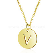 201 Stainless Steel Initial Pendants Necklaces, with Cable Chains, Flat Round with Letter, Golden, Letter.V, 16.3 inch(40cm), 1mm(NJEW-S069-TN508-V)