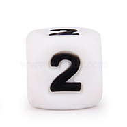 Silicone Beads, for Bracelet or Necklace Making, Black Arabic Numerals Style, White Cube, Num.2, 10x10x10mm, Hole: 2mm(SIL-TAC001-03A-2)