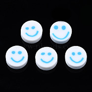 Handmade Polymer Clay Beads, for DIY Jewelry Crafts Supplies, Flat Round with Smiling Face, Deep Sky Blue, 10x4~4.5mm, Hole: 1.8mm(X-CLAY-N008-040B)