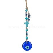 Blue Resin Evil Eye Pendant Decorations, Cross Synthetic Turquoise Lucky Eye Ornament with Glass Beads, Flat Round, 215~300mm, Pendant: 110x25x6mm(HJEW-JM01442-02)