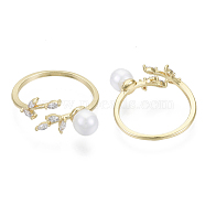Brass Micro Pave Clear Cubic Zirconia Cuff Rings, Open Rings, with ABS Plastic Imitation Pearl, Nickel Free, Leaf, Real 18K Gold Plated, US Size 6(16.5mm)(KK-S348-572-NF)