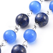Handmade Natural Lapis Lazuli Beaded Chains, Unwelded, with Cat Eye Beads and 304 Stainless Steel Eye Pin, Round, Stainless Steel Color, 15x8mm, 39.37 inch(1m)/strand(AJEW-JB00509-02)