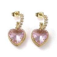 Cubic Zirconia Heart Dangle Stud Earrings, Real 16K Gold Plated Brass Half Hoop Earrings, Pearl Pink, 27.5x13.5mm(EJEW-H308-09G-03)