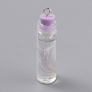 Transparent Glass Bottle Pendant Decorations, with Feather Inside and Plastic Stopper, Plum, 41x11mm, Hole: 2mm(EGLA-B002-01E)