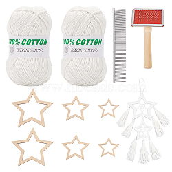 Olycraft Star Macrame Tassel Decoration DIY Kits, 2 Skeins Cotton Hollow Yarns, 2Pcs Stainless Steel Pet Combs, 6Pcs Wooden Frame, White, 71~190x33.5~150x2~25.5mm(DIY-OC0012-09C)