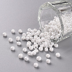 8/0 Glass Seed Beads, Opaque Colors Lustered, Round, Round Hole, White, 8/0, 3mm, Hole: 1mm, about 1111pcs/50g, 50g/bag, 18bags/2pounds(SEED-US0003-3mm-121)