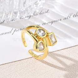 Brass Pave Cubic Zirconia Earrings Cuff Open Rings, Round & Heart & Rectangle, Rack Plating, Long-Lasting Plated, Cadmium Free & Lead Free, Golden, 16.5mm, US Size 7 1/4(17.5mm)(CU-CBAC7F3-01G)