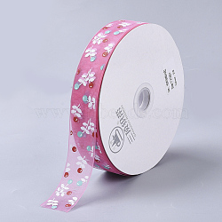 Flower Pattern Printed Polyester Organza Ribbons, HotPink, 1inches(25mm); about 100yards/roll(ORIB-Q034-02)