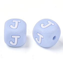 Food Grade Eco-Friendly Silicone Beads, Horizontal Hole, Chewing Beads For Teethers, DIY Nursing Necklaces Making, Letter Style, Cube, Light Sky Blue, Letter.J, 10x10x10mm, Hole: 2mm(SIL-R011-10mm-02J)