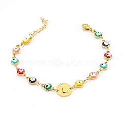 Colorful 304 Stainless Steel & Evil Eye Enamel Flat Round Link Bracelets, Letter Charm Bracelets for Women, Golden, Real 18K Gold Plated, Letter L, 6.69 inch(17cm)(FS-WGB13F5-12)