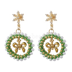 Christmas Wreath Brass Glass Dangle Stud Earrings, with Alloy Bowknot Charms and Cubic Zirconia, Golden, 47~48x29mm(EJEW-MZ00613)