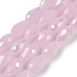 Opaque Solid Color Electroplate Glass Beads Strands, AB Color Plated, Faceted, Teardrop, Pink, 6x4mm, Hole: 0.9mm, about 65~67pcs/strand, 15.35~16.14 inch(39~41cm)(EGLA-N013-J4mm-B01)