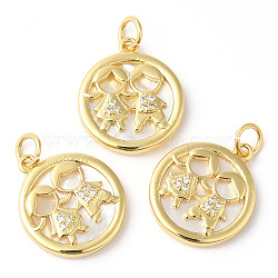 Rack Plating Brass Micro Pave Cubic Zirconia Pendants, with Shell, Long-Lasting Plated, Lead Free & Cadmium Free, Round with Human, Real 18K Gold Plated, 18x15.5x2.5mm(KK-R143-01G)