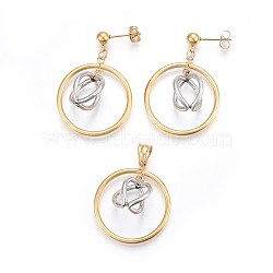 304 Stainless Steel Jewelry Sets, Pendant and Dangle Stud Earrings, Ring, Golden & Stainless Steel Color, 30x27mm; Hole: 5x6mm; 39x27mm; Pin: 0.8mm(SJEW-F186-04G)