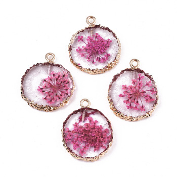 Transparent Clear Epoxy Resin & Dried Flower Pendants, with Edge Light Gold Plated Iron Loops, Flat Round, Hot Pink, 25~26x20~21x4.5mm, Hole: 1.8mm
