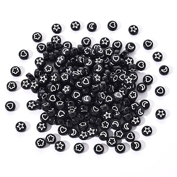 Opaque Acrylic Beads, Flat Round with White Heart & Flower & Moon & Star, Black, 7x4mm, Hole: 1.6mm, 200pcs/set