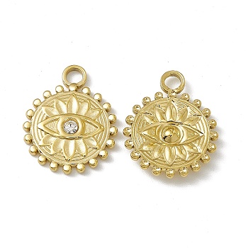 Vacuum Plating 201 Stainless Steel Pendants, with Rhinestone, Flower with Eye Charm, Real 18K Gold Plated, 18.5x15x2.5mm, Hole: 2.5mm