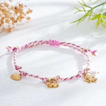 Adjustable Ocean Stainless Steel Charm Braided Cotton Cord Bracelets, Golden, Pink, 11.02 inch(28cm)