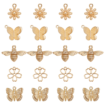 BENECREAT 20Pcs 5 Style Brass Charms, with Loops, Flower & Butterfly & Bee, Real 18K Gold Plated, 10.5x10x1mm, Hole: 1mm