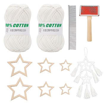 Olycraft Star Macrame Tassel Decoration DIY Kits, 2 Skeins Cotton Hollow Yarns, 2Pcs Stainless Steel Pet Combs, 6Pcs Wooden Frame, White, 71~190x33.5~150x2~25.5mm