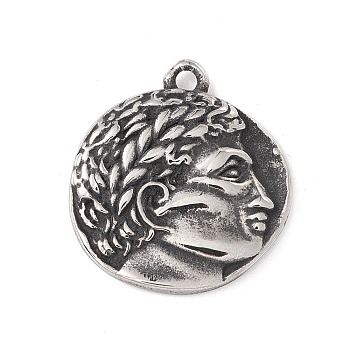 304 Stainless Steel Pendant, Flat Round with Human Head, Antique Silver, 21x19x3mm, Hole: 1.8mm