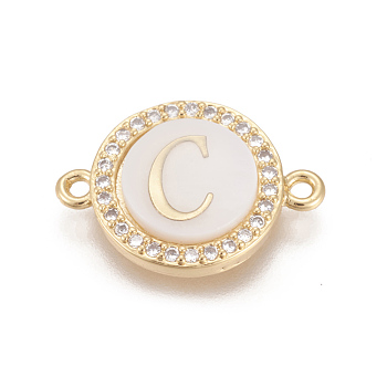 Brass Micro Pave Cubic Zirconia Links, with Shell, Long-Lasting Plated, Lead Free & Cadmium Free & Nickel Free, Real 18K Gold Plated, Flat Round with Letter, Clear, Letter.C, 13.5x18.5x4.5mm, Hole: 1.4mm