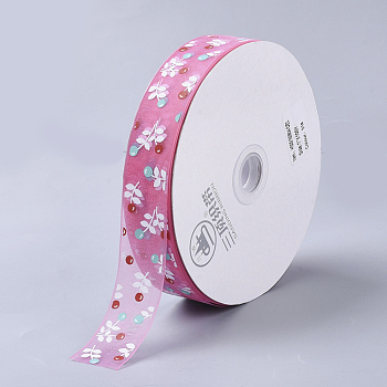Flower Pattern Printed Polyester Organza Ribbons, Hot Pink, 1 inch(25mm), about 100yards/roll