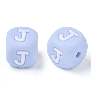 Food Grade Eco-Friendly Silicone Beads, Horizontal Hole, Chewing Beads For Teethers, DIY Nursing Necklaces Making, Letter Style, Cube, Light Sky Blue, Letter.J, 10x10x10mm, Hole: 2mm