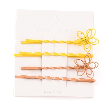 4Pcs Painted Iron Hair Bobby Pins, with Flower Alloy Findings, Mixed Color, 63x20.5x11mm, 64.2x2.5x5mm, 2 Styles, 2 Colors